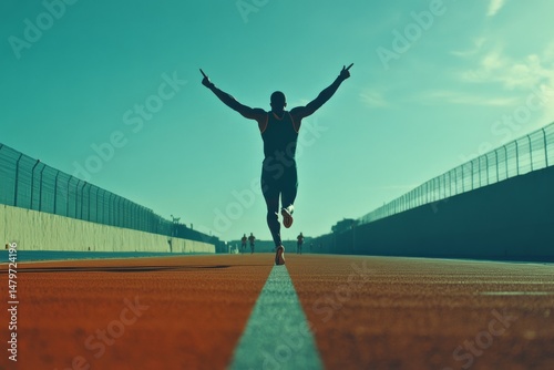 Athlete triumphantly crosses finish line on racetrack, silhouette against vibrant sky, symbolizing victory and perseverance.