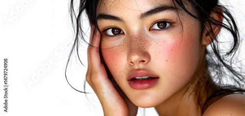 Close-up portrait of young Asian woman with natural freckles and blush, hand touching face gently on neutral background. Concept of skinminimalism, simplified skincare, natural beauty and femininity