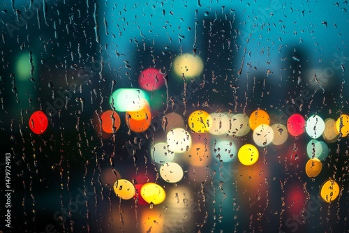 Raindrops trail down a glass pane, blurring the lively city lights beyond, creating an interplay of colors and reflections.