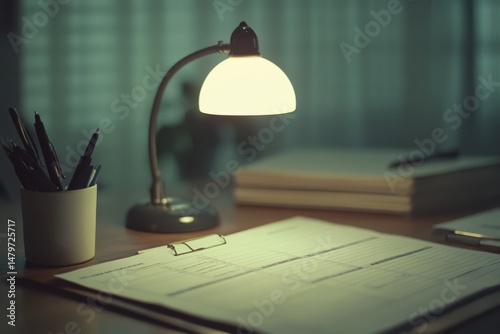 A dimly lit desk, featuring a classic lamp shining on papers, evokes late-night dedication and the quiet allure of solitary work and focus.