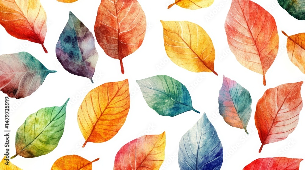 Obraz premium Vibrant autumn leaves falling nature scene watercolor artwork colorful palette artistic view seasonal beauty