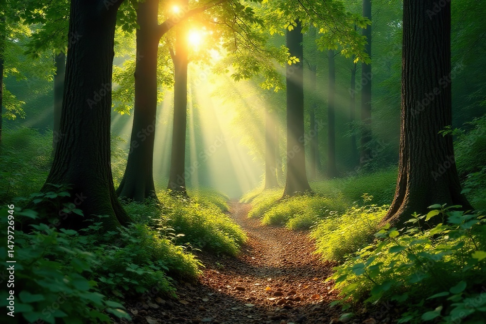 Fototapeta premium Sun-dappled forest floor, sunlight filtering through leaves , soil, trees