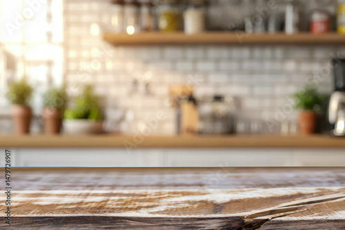 Empty wooden kitchen counter mockup, product display background. Wood table top on marble, blurred interior. Modern style home kitchen, restaurant advertising. Copy space for food, drinks, dishes