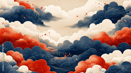 Abstract painting of stylized clouds and trees in muted tones of red and blue, with a soft, flowing texture..