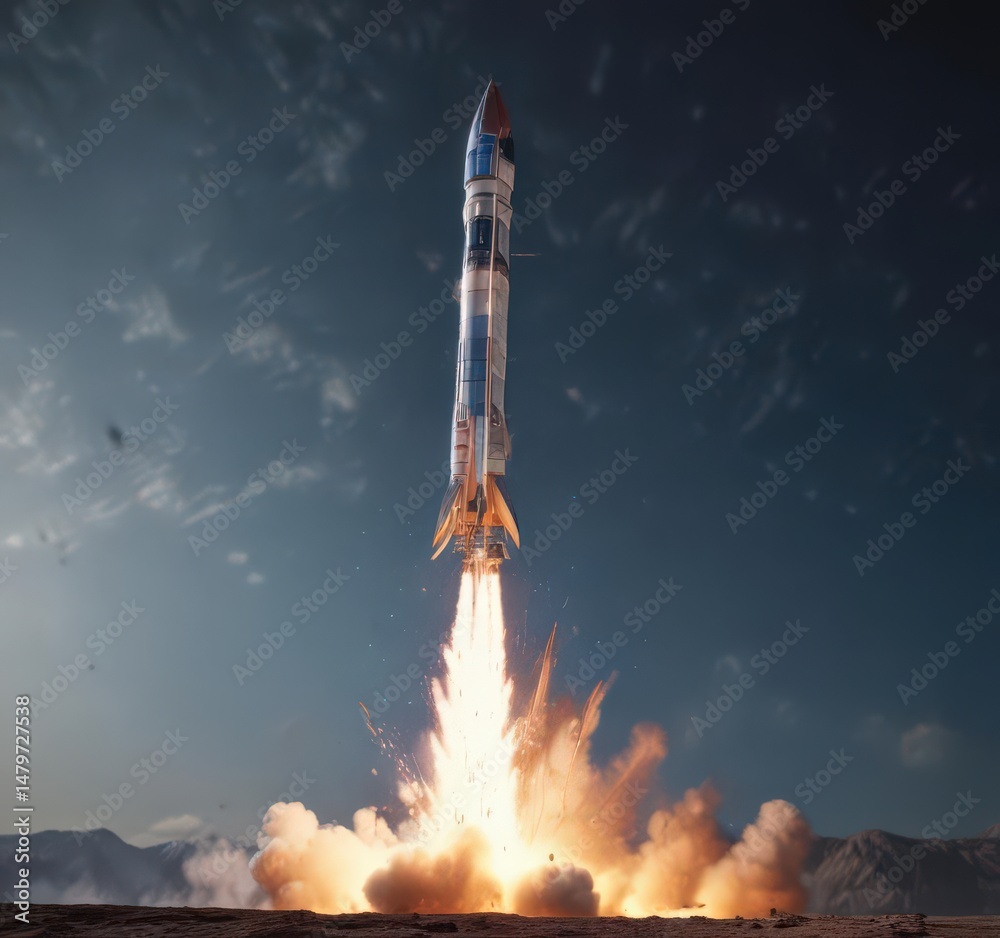 Fototapeta premium Rocket launch from rising blue graph; fiery blast, upward trajectory, abstract, launch, analytics