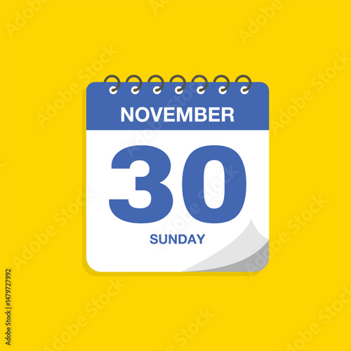 Day calendar with date November 30. Calendar icon vector. Business meeting schedule date sign, event calendar reminder, appointment date symbol, page calendar agenda planner sign, deadline template.
