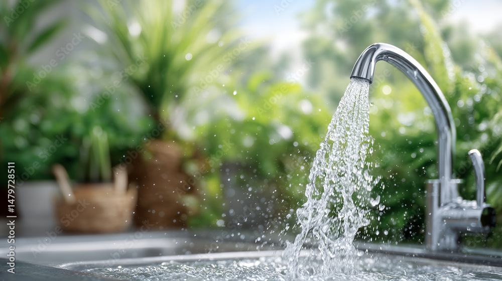 Close-up of cool, pure water splashing into a clear glass beneath a modern faucet, droplets suspended mid-air, cozy kitchen background with green plants Close-up of cool, pure water splashing into a clear glass beneath a modern faucet, droplets suspended mid-air, cozy kitchen background with green plants