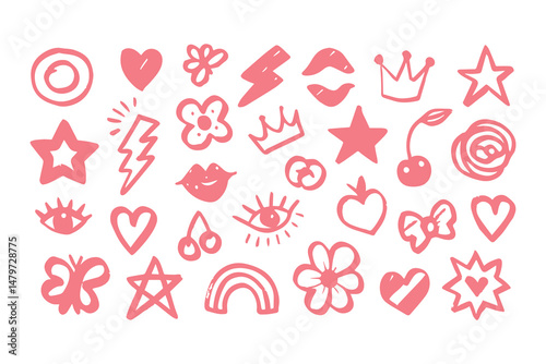 Punk girl doodle graffiti set. cute crayon hearts, cherries, bows, rockstar grunge icons, Y2K sketch tattoos, chalk scribble style. Vector Clipart Vector Illustration.