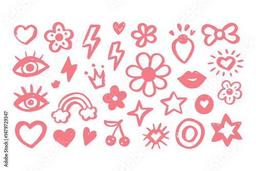 Punk girl doodle graffiti set. cute crayon hearts, cherries, bows, rockstar grunge icons, Y2K sketch tattoos, chalk scribble style. Vector Clipart Vector Illustration.