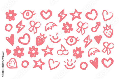 Punk girl doodle graffiti set. cute crayon hearts, cherries, bows, rockstar grunge icons, Y2K sketch tattoos, chalk scribble style. Vector Clipart Vector Illustration.