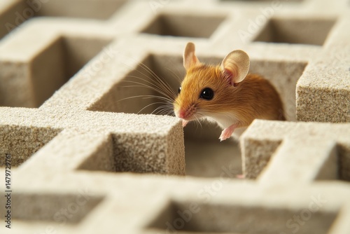 An inquisitive mouse navigates a labyrinthine path, capturing a moment of curiosity and exploration in this meticulously constructed maze.