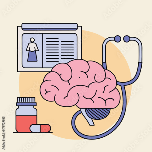 Medical Illustration of Brain, Stethoscope, X-Ray, and Medication