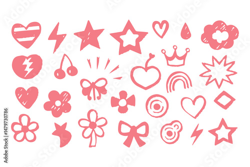 Punk girl doodle graffiti set. cute crayon hearts, cherries, bows, rockstar grunge icons, Y2K sketch tattoos, chalk scribble style. Vector Clipart Vector Illustration.