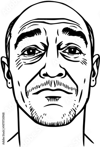 Detailed black and white line art portrait of a man