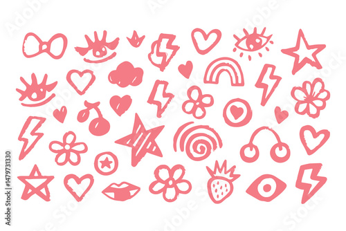 Punk girl doodle graffiti set. cute crayon hearts, cherries, bows, rockstar grunge icons, Y2K sketch tattoos, chalk scribble style. Vector Clipart Vector Illustration.