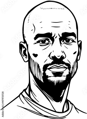 Bold Illustration of a Serious Bald Man with Beard