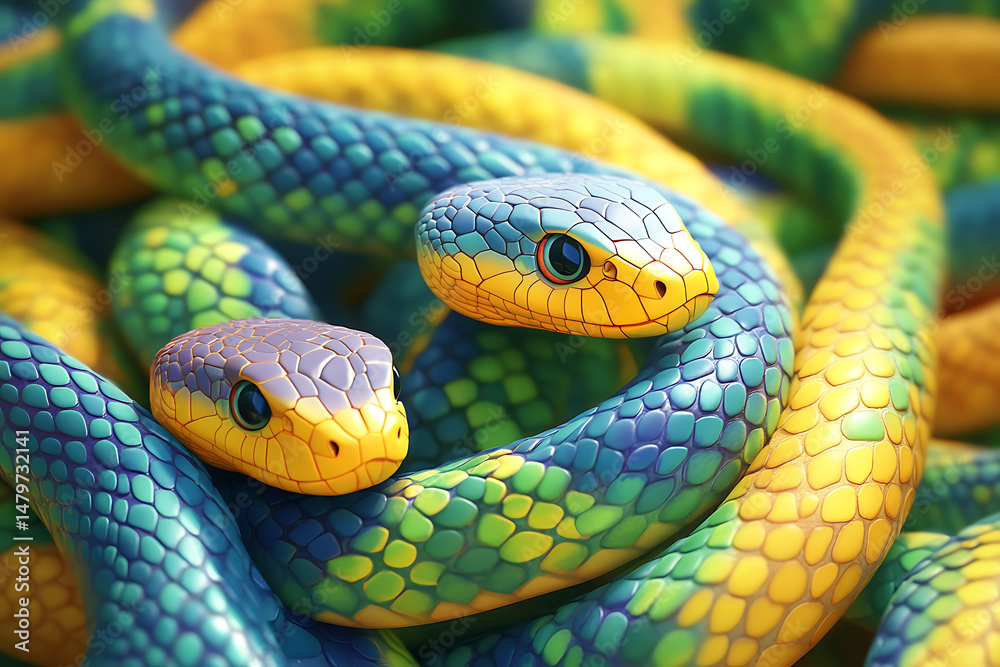 Fototapeta premium Colorful snakes intertwined in vibrant patterns against a bright background, showcasing nature's beauty