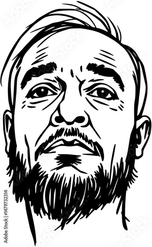 A black and white portrait of a man with beard