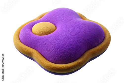 A fluffy purple and yellow object with a circular indent on a plain setting on transparent background
