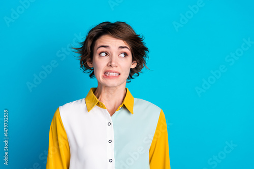 Fényképezés Photo of doubtful unsure lady dressed shirt looking empty space feeling guilty i