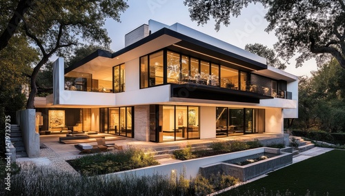 Photograph of a modern house with a beautiful landscape. The house exterior features white walls and a black roof, with large windows.