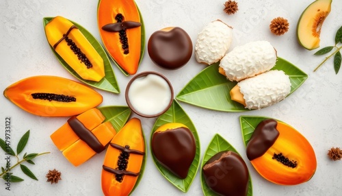 Tropical treat assortment with papaya slices, chocolate and coconut dessert