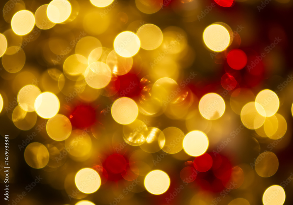 Fototapeta premium Festive Bokeh Golden and Crimson Lights in a Blurred Holiday Display