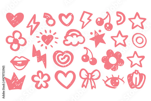 Punk girl doodle graffiti set. cute crayon hearts, cherries, bows, rockstar grunge icons, Y2K sketch tattoos, chalk scribble style. Vector Clipart Vector Illustration.