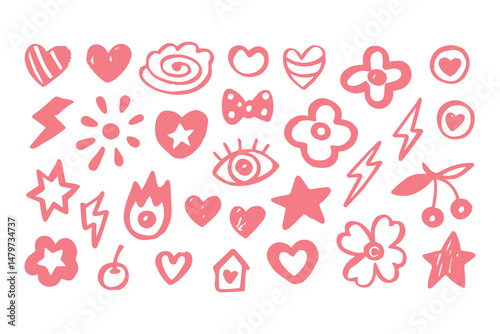 Punk girl doodle graffiti set. cute crayon hearts, cherries, bows, rockstar grunge icons, Y2K sketch tattoos, chalk scribble style. Vector Clipart Vector Illustration.