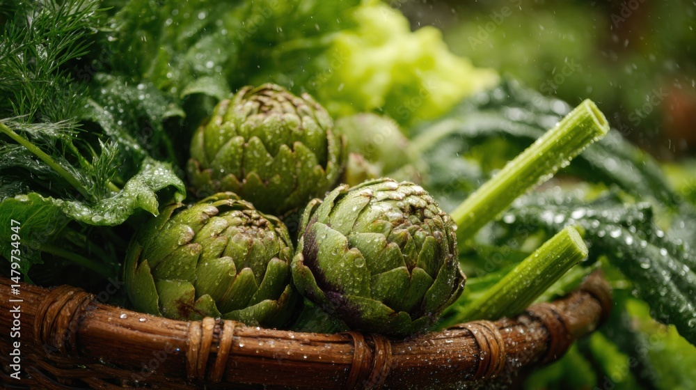 Obraz premium Fresh artichokes and leafy greens in a wicker basket at a market