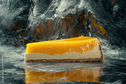 Mango cheesecake slice, vibrant and delicious. photo