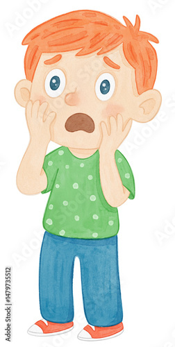Watercolor Illustration of a Scared Boy Showing Emotion