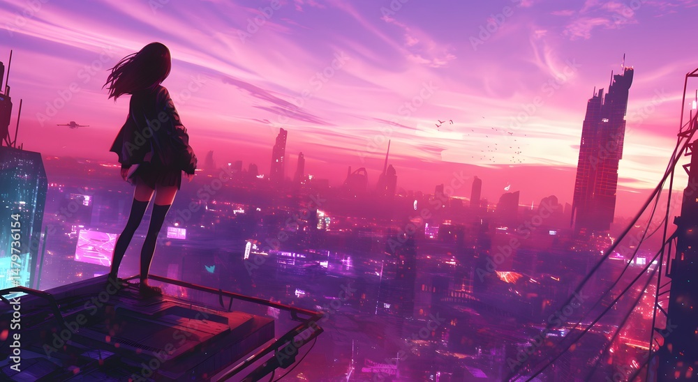 Naklejka premium Cityscape Gaze: Girl on rooftop surveys futuristic metropolis under vibrant sunset.
