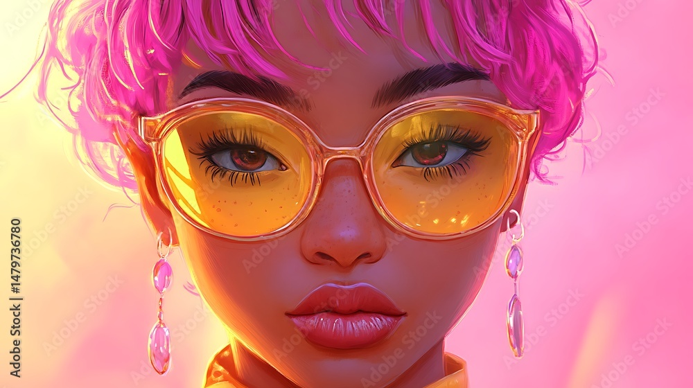 Fototapeta premium Artistic portrait of a woman with pink hair and yellow-tinted glasses.