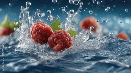Raspberries fall into clear water, creating splashes and floating gently against a light pink background, showcasing their vibrant color