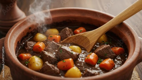 Hearty stew in clay pot
