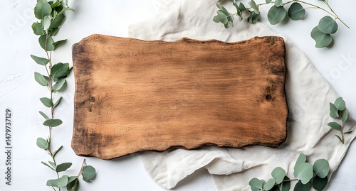 Rustic wooden board atop a cloth, framed by verdant eucalyptus foliage.