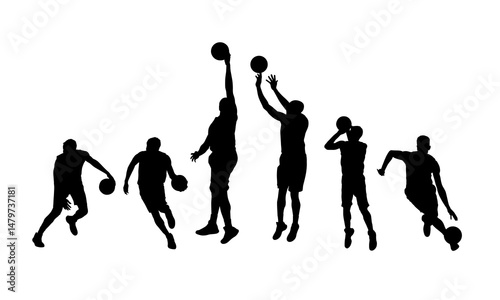 Basketball, group of vector silhouettes of basketball players. Team sport athletes
