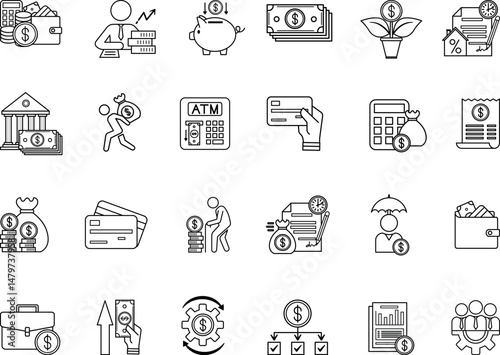 Personal Finance Icon Set. Vector Illustrations Budget, Investments, Expenses, Income, Tax, Credit, Wallet, Piggy Bank, Mortgage, Cash, Debt, Pension, Salary, and Others