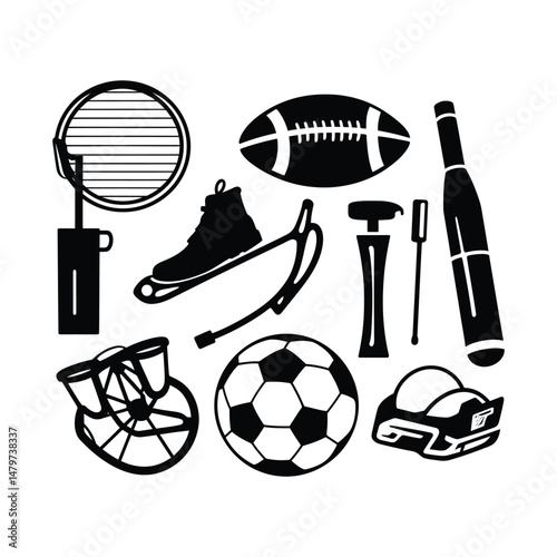 Sports Equipment Silhouette Clipart on White Background