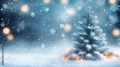 Small christmas tree covered by snow under a snowy night sky