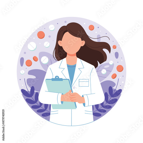 Female Doctor Holding Clipboard with Pills and Foliage Design