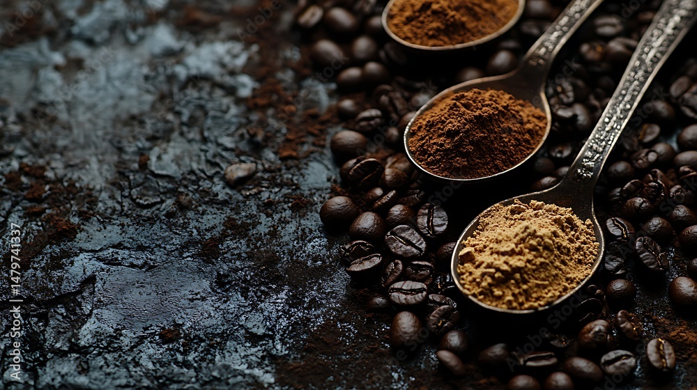 Fototapeta premium Moody Coffee Beans and Ground Coffee on Spoons, Dark moody image of coffee beans and ground coffee on metal spoons