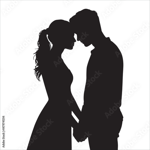 Silhouette of romantic couple holding hands, man and woman in love relationship, dating scene.