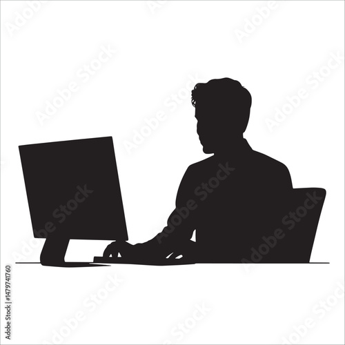 Office worker silhouette at desk using desktop computer, businessman working, freelancer icon.