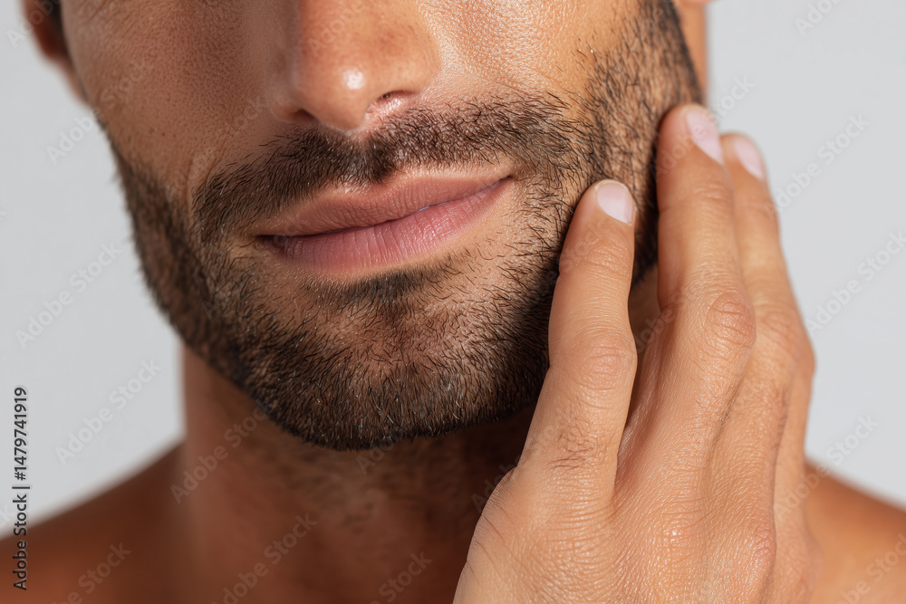 Obraz premium Close-Up of a Man Touching His Well-Groomed Facial Beard with Soft Skin Care