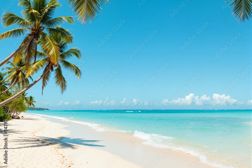 Obraz premium Tropical beach with palm trees and clear blue ocean under sunlight