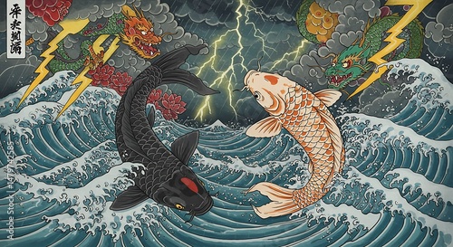 Two legendary koi fish, one black and one white, clash in a stormy sea as lightning strikes above and fierce dragons emerge from thunderclouds in a traditional Japanese ukiyo-e style artwork.

