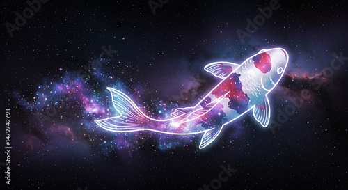 A glowing galaxy-themed koi fish swimming through space, blending vibrant nebula colors with cosmic energy. The artwork radiates a dreamy, surreal, and celestial atmosphere.

