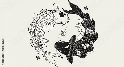 Black and white koi fish swimming in yin yang formation, traditional Japanese tattoo art style, symbolizing balance, harmony, duality, and spiritual energy on a minimalist background.

